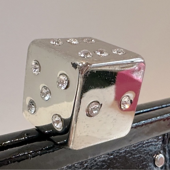 Vintage Betsey Johnson‎ Black Patent Leather Crystal DICE Clasp Clutch Purse - Picture 9 of 10